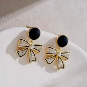 Beautiful Korean Style Black Hanging Bow Design Stud Earrigns_KRNE010
