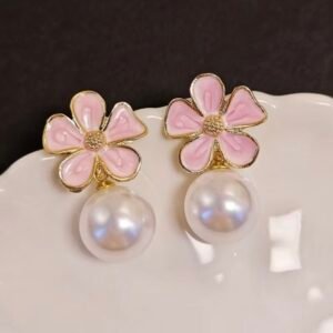 Korean Style Pink Floral With Hanging Pearl Stud Earrigns_KRNE012