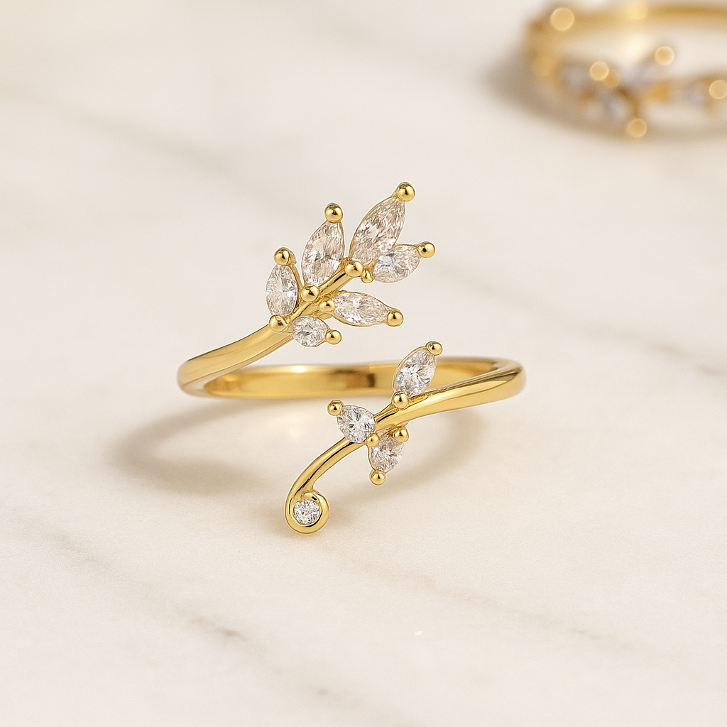 Front Open Leaf Design Gold Plated Adjustable Ring For Dailywear & Partywear_ATR028