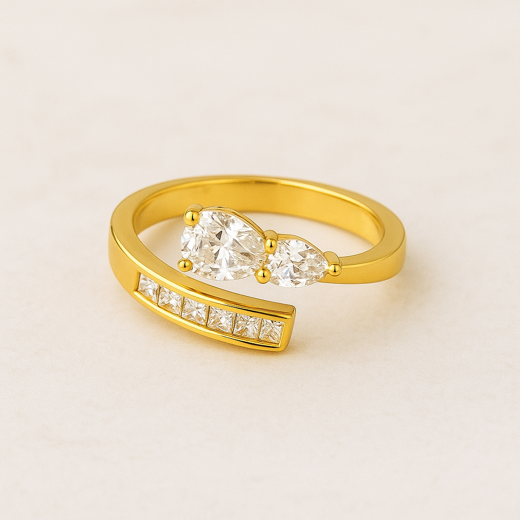 Pear & Beguette Design Gold Plated Adjustable Ring For Dailywear & Partywear_ATR024