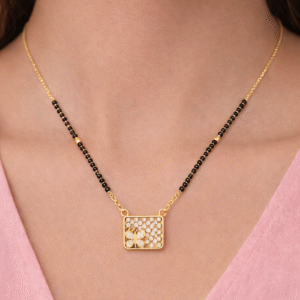 Designer CZ Square Pendant Mangalsutra with Blue Stone – Gold Plated Black Beads Mangalsutra