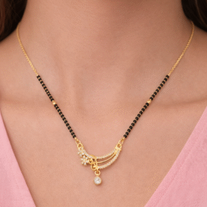 Designer CZ Curve Mangalsutra with Black Beads Chain – Gold Plated Elegant Mangalsutra