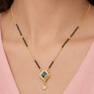 Designer CZ Square Pendant Mangalsutra with Blue Stone – Gold Plated Black Beads Mangalsutra