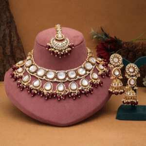 Royal Maroon Kundan Bridal Necklace Set with Earrings & Maang Tikka | Traditional Wedding Jewellery for Women