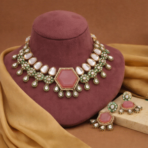 Royal Pink Kundan Necklace Set with Green Enamel Work & Earrings | Antique Finish Bridal Jewellery