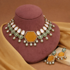 Royal Mustard Yellow Kundan Necklace Set with Green Meenakari & Earrings | Antique Finish Bridal Jewellery