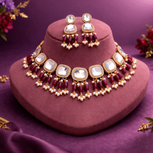 Royal Maroon Kundan Choker Necklace Set with Pearl Drops & Earrings | Bridal & Festive Jewellery