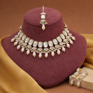 Royal Kundan Pearl Drop Choker Set with Maang Tikka & Earrings