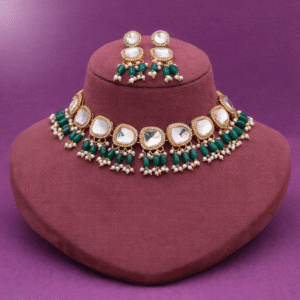 Emerald Elegance Kundan Necklace Set with Pearl Drops