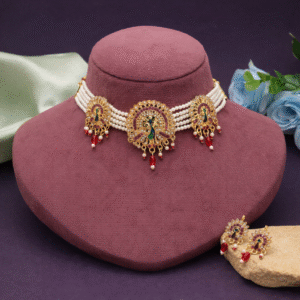 Royal Peacock Meenakari Pearl Choker Set with Matching Earrings