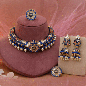 Royal Blue Meenakari Hasli Choker Set with Jhumka Earrings & Maang Tikka