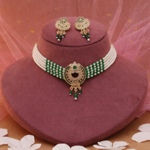 Emerald Pearl Kundan Multi-Layer Choker Set with Earrings