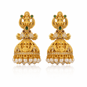 Temple Lakshmi Gold Jhumki Earrings – Antique Pearl Drop Grandeur