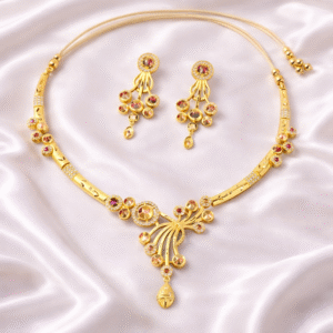 DG Jewels Elegant CZ Floral Drop Gold Plated Necklace Set with Ruby Stones & Adjustable Dori