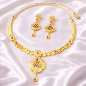 DG Jewels Traditional Kundan Floral Gold Plated Necklace Set with Ruby Drops & Adjustable Dori