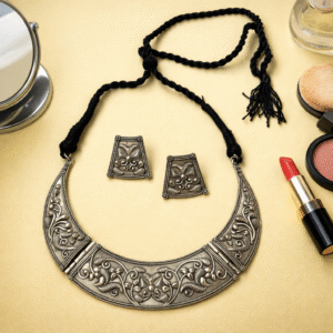 Antique Oxidised Floral Statement Necklace Set with Adjustable Thread & Matching Earrings