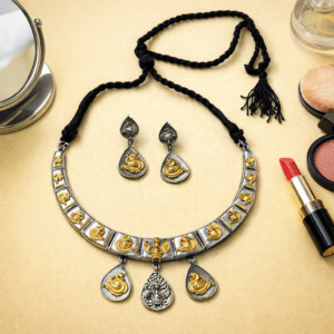 Antique Dual Tone Peacock Motif Statement Necklace Set with Adjustable Thread & Drop Earrings