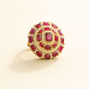 Royal Ruby Dome Statement Ring – Antique Gold Finish with Kundan Crystal Detailing