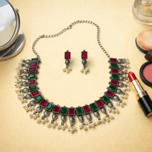 Royal Emerald Ruby Necklace Set – Antique Silver Finish with Pearl Drops